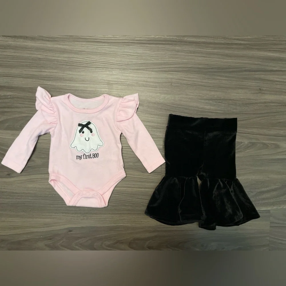 Baby Essentials Pink My first boo onesie and Black bell velour bottoms size 3M